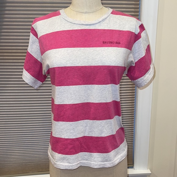 Balenciaga Striped cotton T-Shirt In Pink & Grey - Picture 2 of 7